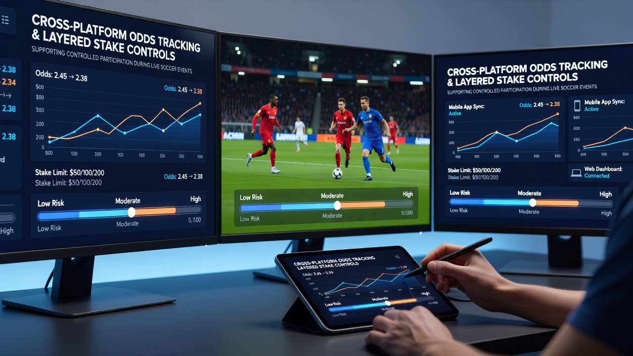 Plattformübergreifende Quotenverfolgung in Echtzeit während eines Live-Fußballspiels mit gestaffelten Einsatzsteuerungen