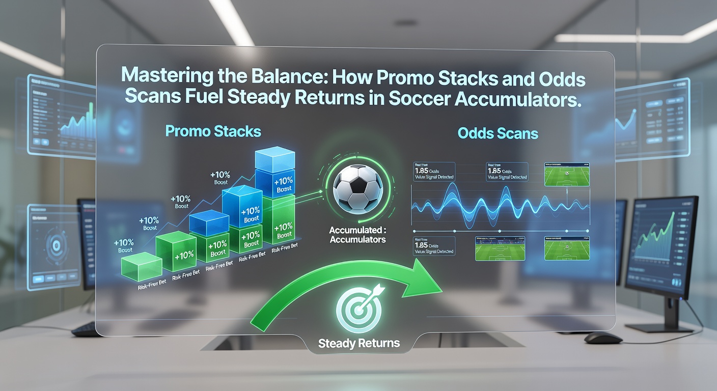 Detaillierte Darstellung eines Odds-Scans auf einem Bildschirm mit Fußball-Matches, farbigen Quoten-Highlights und Promo-Overlays für Akkumulatoren